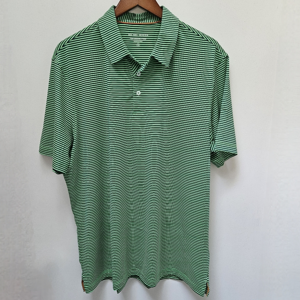 Michel Rouen Mens Golf Polo Shirt Green Blue Striped Short Sleeve Size XL